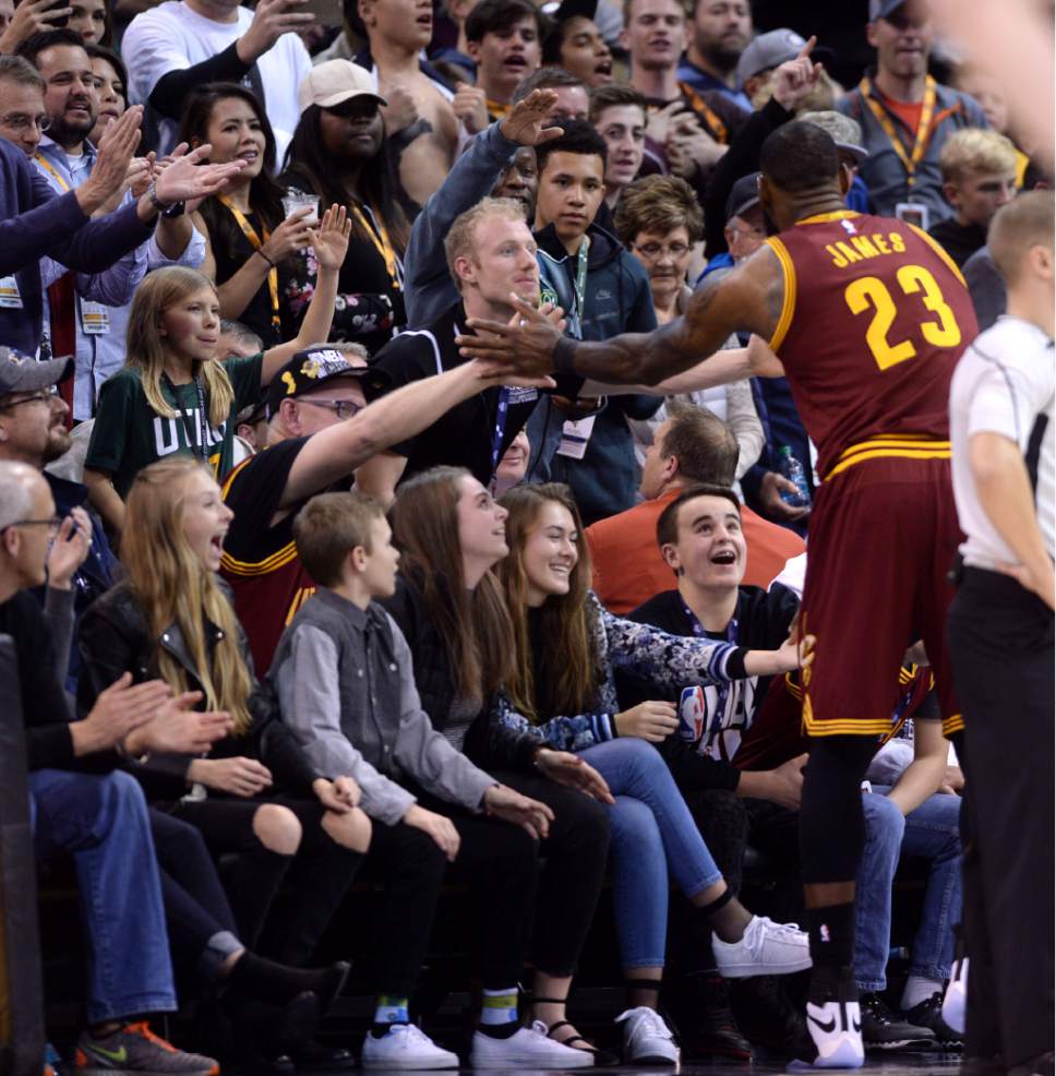 Steve Griffin / The Salt Lake Tribune

Cleveland Cavaliers forward LeBron James (23) slaps hands with the fans as he checks out of the game late in the fourth quarter during the Utah Jazz versus Cleveland Cavaliers NBA basketball game at Vivint Smart Home Arena in Salt Lake City Tuesday January 10, 2017.