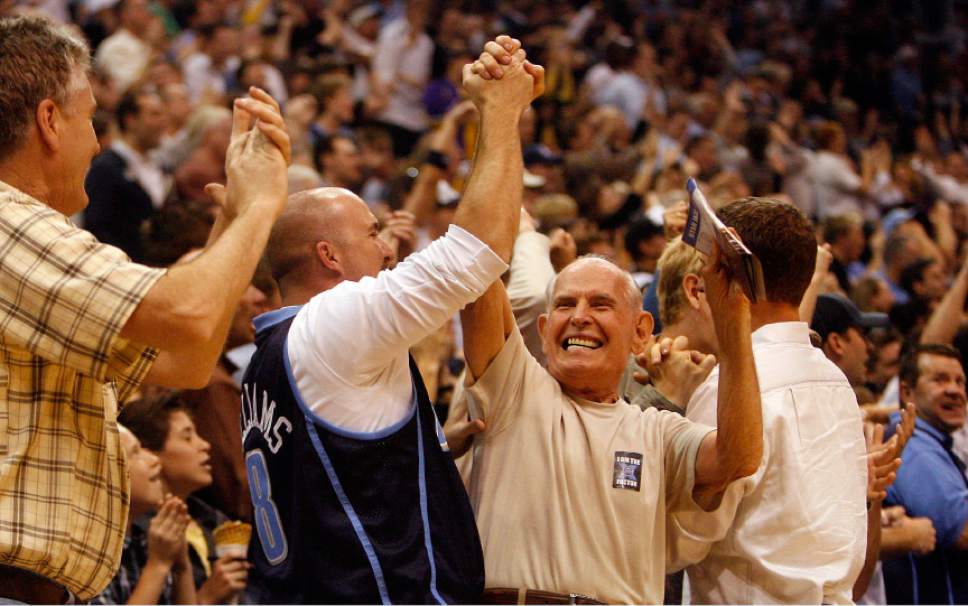 Jeremy Harmon  |  Tribune file photo
Jazz fans celebrate a big shot by Utah Jazz guard Deron Williams (8) at the end of the first half during game 4 of the NBA playoffs at EnergySolutions Arena in Salt Lake City Utah Saturday, April 25, 2009.