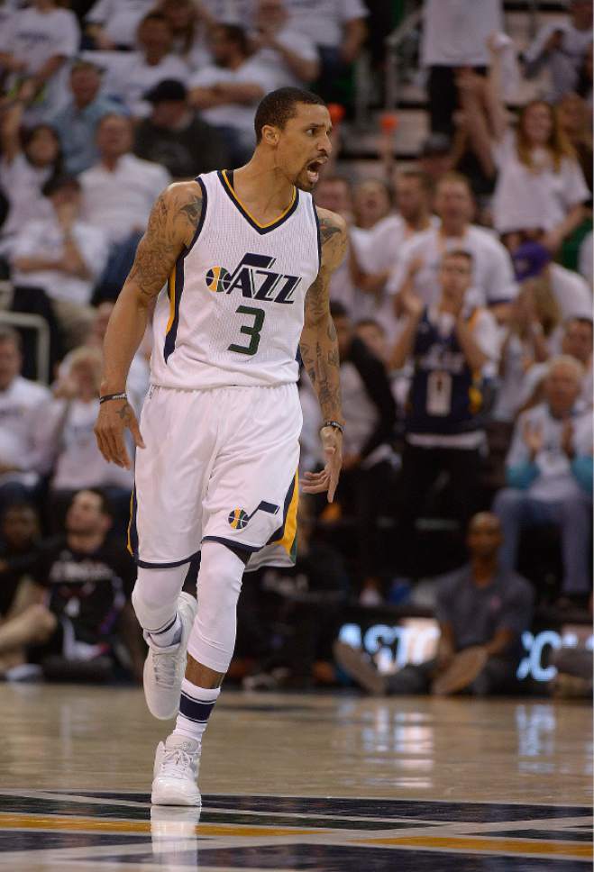 Leah Hogsten  |  The Salt Lake Tribune 
Utah Jazz guard George Hill (3) tries to fire up his teammates. The Utah Jazz lead the Los Angeles Clippers after the third quarter during Game 3 of their first-round Western Conference playoff series at Vivint Smart Home Arena, Friday, April 21, 2017.