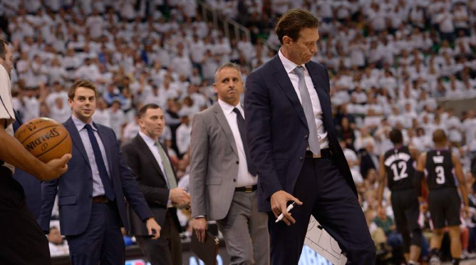 Leah Hogsten  |  The Salt Lake Tribune 
Utah Jazz head coach Quin Snyder reacts to a foul called on Utah Jazz forward Gordon Hayward (20). The Utah Jazz lead the Los Angeles Clippers after the third quarter during Game 3 of their first-round Western Conference playoff series at Vivint Smart Home Arena, Friday, April 21, 2017.