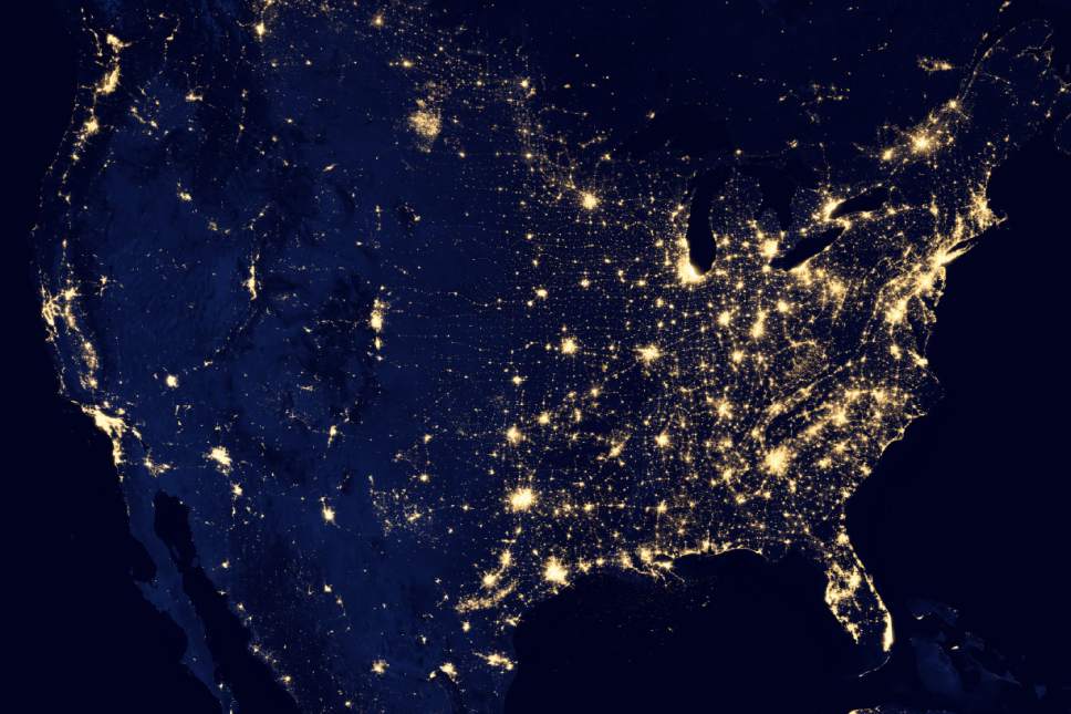 This image of the United States at night created by NASA Earth Observatory is a composite assembled from data acquired by the Suomi NPP satellite in April and October 2012. Courtesy of NASA Earth Observatory