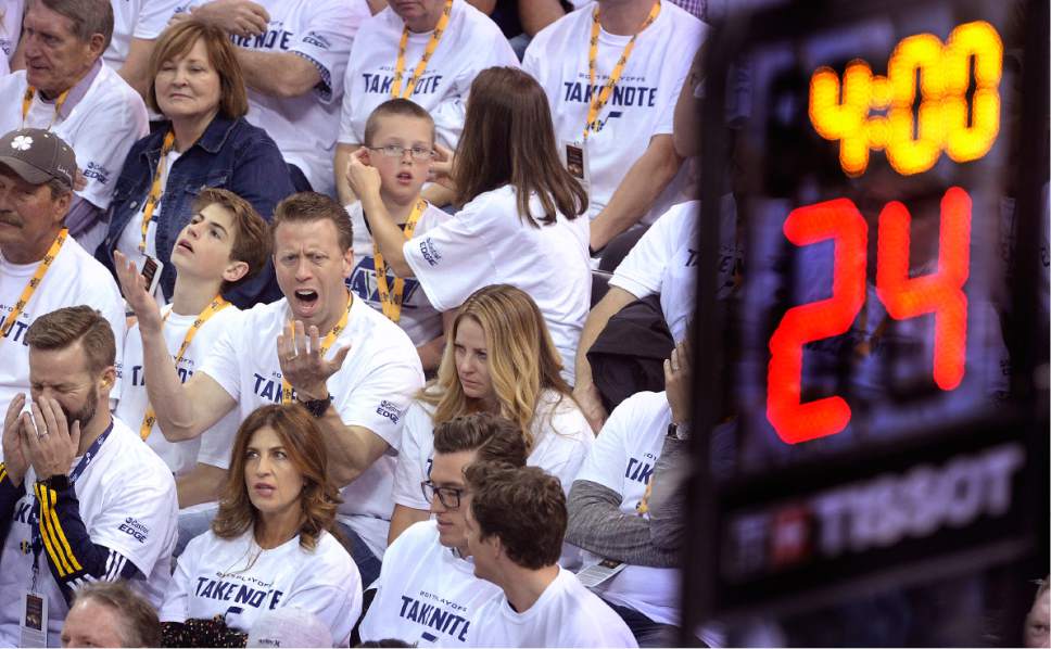 Scott Sommerdorf | The Salt Lake Tribune
Jazz fans react to the lead slipping away in the fourth period. The LA Clippers won Game 3 of the Western Conference playoff series 111-106, Friday, April 21, 2017.