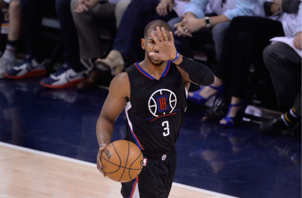 Scott Sommerdorf | The Salt Lake Tribune
"Not so fast!" LA Clippers guard Chris Paul (3) put a stop to the Jazz' hopes in game 3. The LA Clippers won Game 3 of the Western Conference playoff series 111-106, Friday, April 21, 2017.