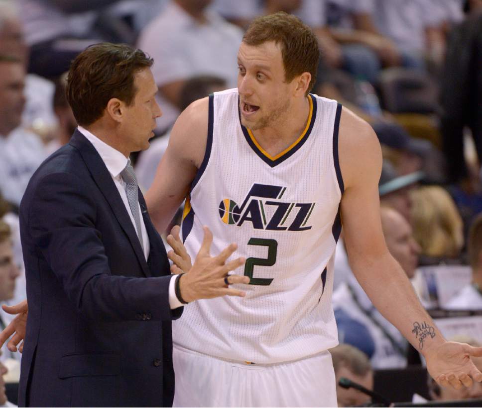 Leah Hogsten  |  The Salt Lake Tribune 
Utah Jazz head coach Quin Snyder and Utah Jazz forward Joe Ingles (2). The Utah Jazz lead the Los Angeles Clippers after the third quarter during Game 3 of their first-round Western Conference playoff series at Vivint Smart Home Arena, Friday, April 21, 2017.