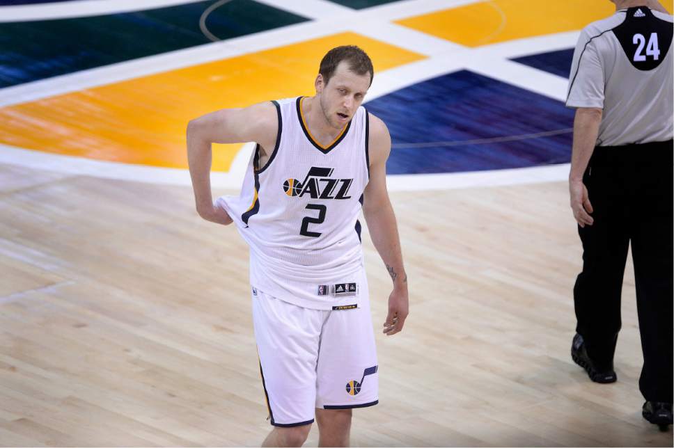 Scott Sommerdorf | The Salt Lake Tribune
Utah Jazz forward Joe Ingles (2) walks off the floor after the Jazz let a lead slip away and lost to the LA Clippers. The LA Clippers won Game 3 of the Western Conference playoff series 111-106, Friday, April 21, 2017.