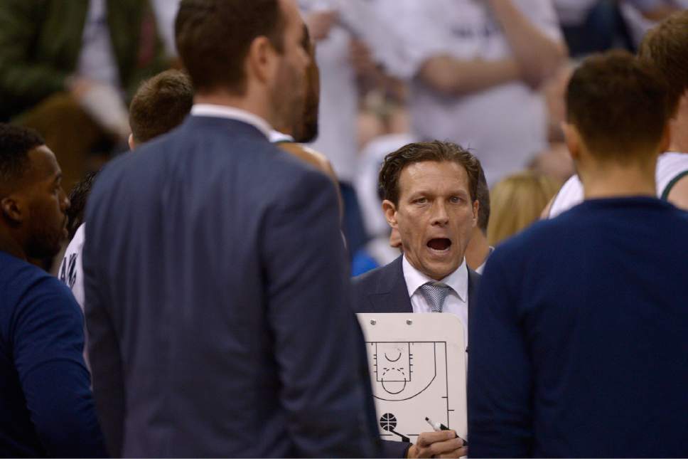 Leah Hogsten  |  The Salt Lake Tribune 
Utah Jazz head coach Quin Snyder discusses play with assistant coaches during a timeout. The Utah Jazz lead the Los Angeles Clippers after the third quarter during Game 3 of their first-round Western Conference playoff series at Vivint Smart Home Arena, Friday, April 21, 2017.