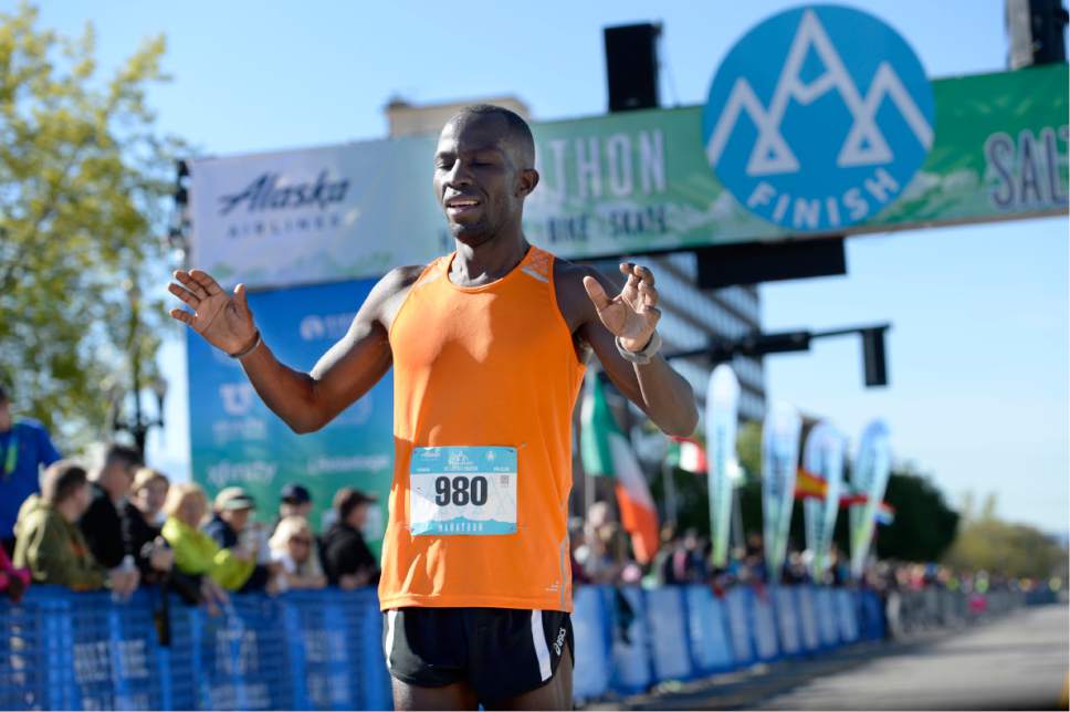 Scott Sommerdorf | The Salt Lake Tribune
Samson Matua crossed the finish line as the third place finisher in the 2017 Salt Lake Marathon, Saturday, April 22, 2017.
