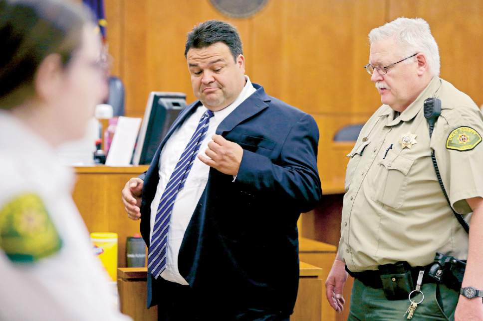 In this Thursday, March 30, 2017, photo, Keith Vallejo leaves the courtroom, in Provo, Utah. A Utah judge sentencing the former Mormon bishop said the convicted rapist was an "extraordinary, good man" who did something wrong. The Salt Lake Tribune reports that Judge Thomas Low appeared to become emotional on Wednesday, April 12, 2017, when he sentenced Vallejo to up to life in prison for 10 counts of forcible sexual abuse and one count of object rape. (Dominic Valente/Daily Herald via AP, Pool)