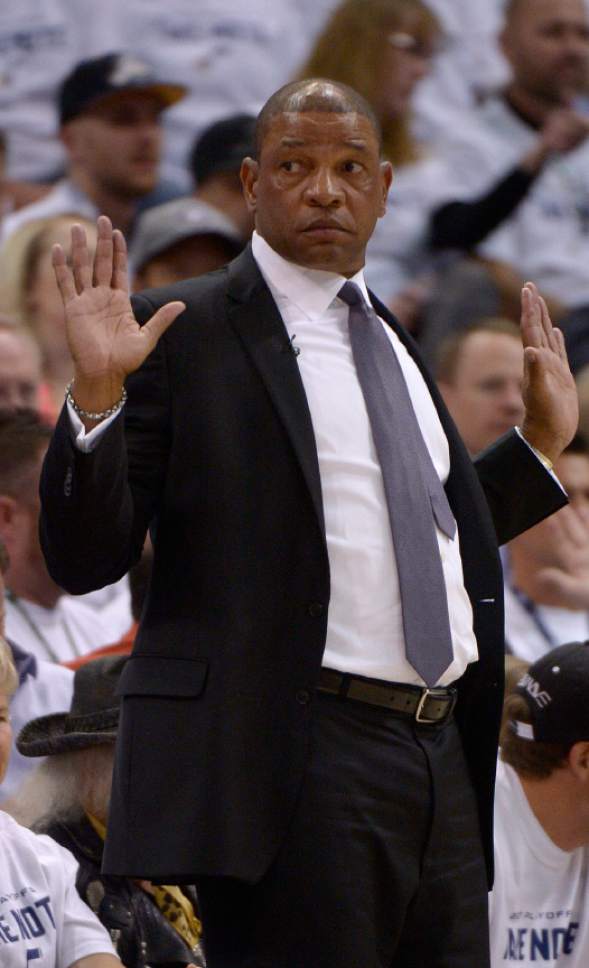 Leah Hogsten  |  The Salt Lake Tribune 
LA Clippers head coach Doc Rivers. The Utah Jazz lost to the Los Angeles Clippers 106-111 during Game 3 of their first-round Western Conference playoff series at Vivint Smart Home Arena, Friday, April 21, 2017.