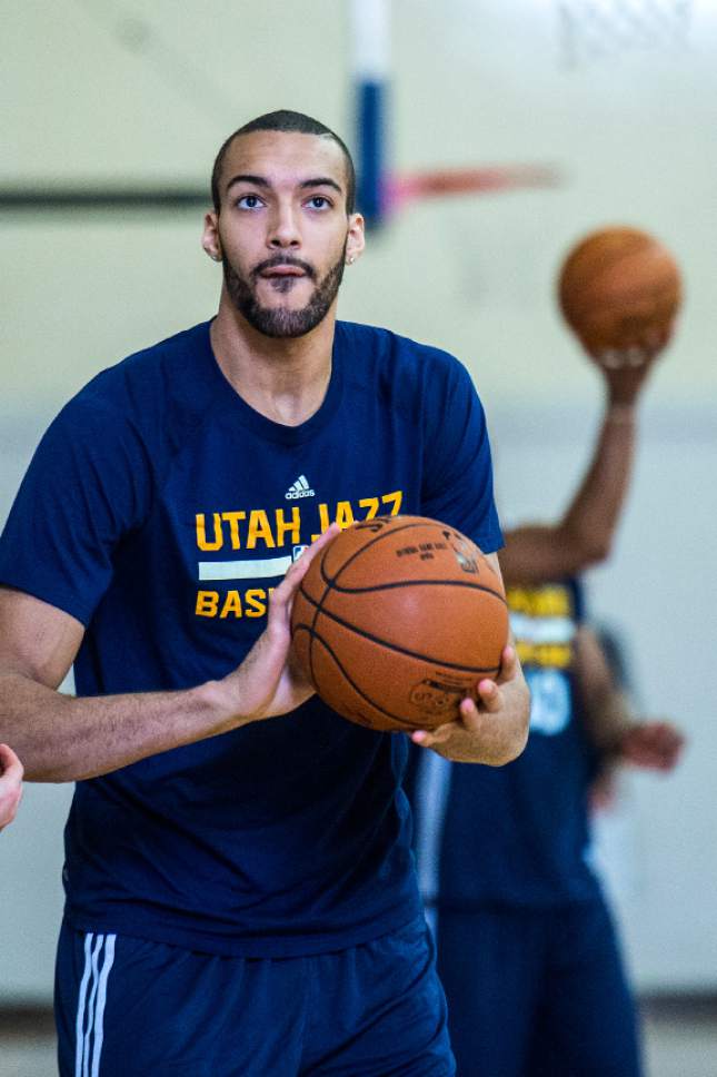 Chris Detrick  |  The Salt Lake Tribune
Utah Jazz center Rudy Gobert (27) shoots the ball during a practice at UCLA Student Activities Center Monday, April 17, 2017.