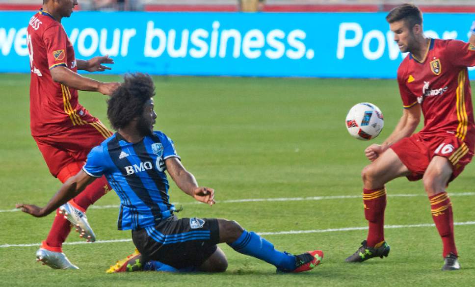 Michael Mangum  |  Special to the Tribune

Montreal Impact forward Michael Salazar (19) slots a pass past Real Salt Lake defender Chris Wingert (16) during their MLS match at Rio Tinto Stadium in Sandy, UT on Saturday, July 9th, 2016.