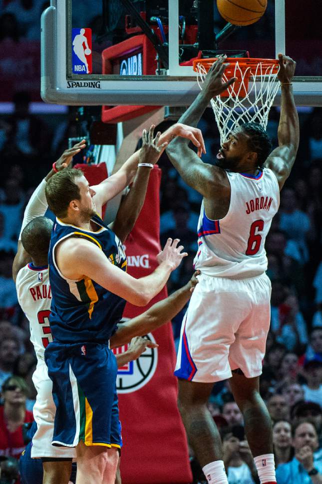 Chris Detrick  |  The Salt Lake Tribune
LA Clippers guard Chris Paul (3) Utah Jazz forward Joe Ingles (2) and LA Clippers center DeAndre Jordan (6) go for a rebound during Game 1 of the Western Conference at the Staples Center Saturday, April 15, 2017.  Utah Jazz defeated LA Clippers 97-95.