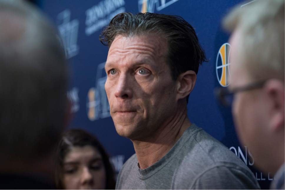 Leah Hogsten  |  The Salt Lake Tribune 
Utah Jazz head coach Quin Snyder talks with the media during the Utah Jazz practice Saturday, April 22, 2017 at the Zions Jazz Practice facility.