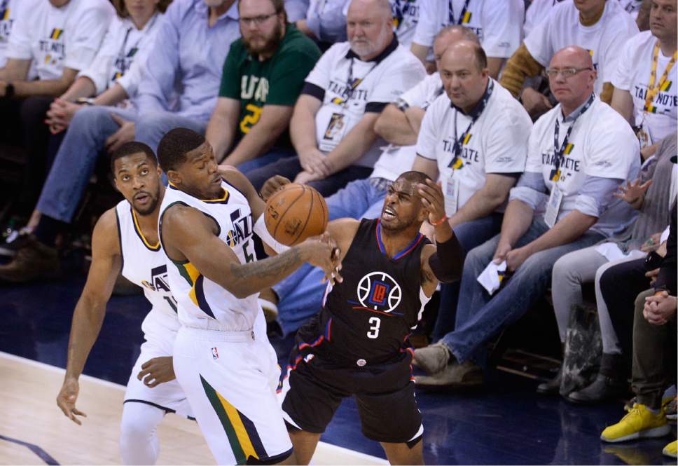 Scott Sommerdorf | The Salt Lake Tribune
Utah Jazz forward Joe Johnson (6) steals the ball from LA Clippers guard Chris Paul (3) during first quarter play. The Utah Jazz trailed the LA Clipper 26-24 at the end of the first period of Game 4 of the Western Conference playoffs, Sunday, April 23, 2017.