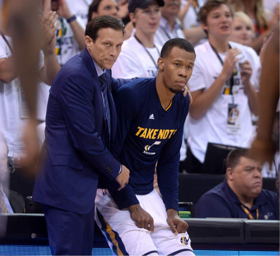 Steve Griffin  |  The Salt Lake Tribune


Utah Jazz head coach Quin Snyder gets Utah Jazz guard Rodney Hood (5) ready to enter the game during the Jazz versus Clippers NBA playoff game at Viviint Smart Home arena in Salt Lake City Sunday April 23, 2017.