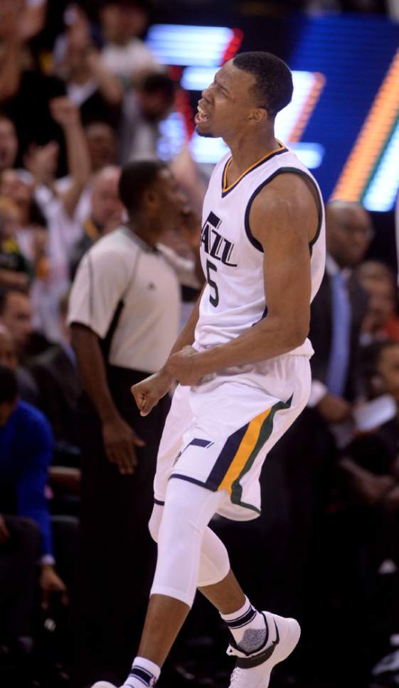 Steve Griffin  |  The Salt Lake Tribune


Utah Jazz guard Rodney Hood (5) gets excited as the Jazz take the lead late in the fourth quarter during the Jazz versus Clippers NBA playoff game at Viviint Smart Home arena in Salt Lake City Sunday April 23, 2017.