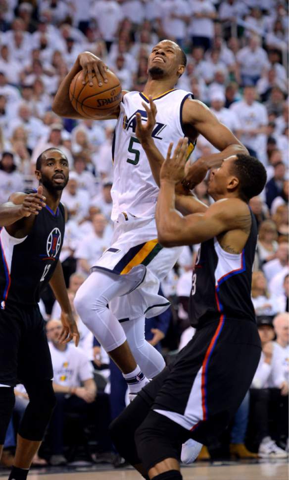 Steve Griffin  |  The Salt Lake Tribune


Utah Jazz guard Rodney Hood (5) gets to the basket during the Jazz versus Clippers NBA playoff game at Viviint Smart Home arena in Salt Lake City Sunday April 23, 2017.