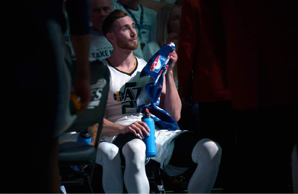 Leah Hogsten  |  The Salt Lake Tribune 
Utah Jazz forward Gordon Hayward (20) during a timeout. The Utah Jazz lead the Los Angeles Clippers after the third quarter during Game 3 of their first-round Western Conference playoff series at Vivint Smart Home Arena, Friday, April 21, 2017.