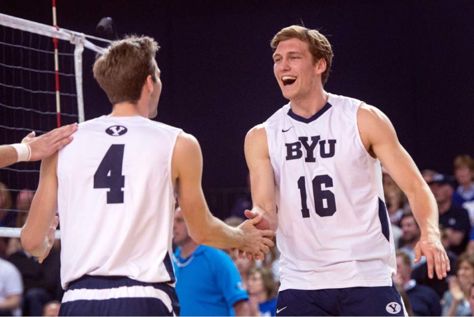 Rick Egan  |  The Salt Lake Tribune

Leo Durkin (4) and Tim Dobbert (16) celebrate a big point for BYU, in Volleyball action, BYU vs. Stanford, at the Smith Field House in Provo,  Saturday, April 15, 2017.