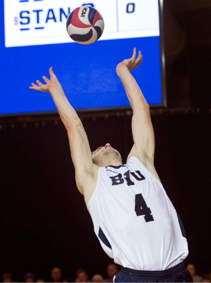 Rick Egan  |  The Salt Lake Tribune

Leo Durkin (4) sets the ball for BYU, in Volleyball action, BYU vs. Stanford, at the Smith Field House in Provo,  Saturday, April 15, 2017.