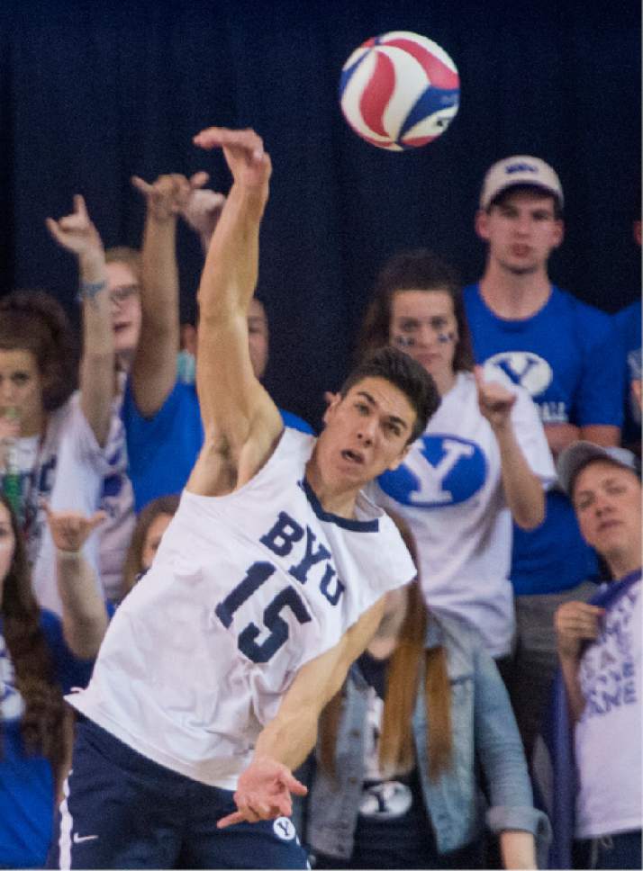 Rick Egan  |  The Salt Lake Tribune

Brenden Sander (15) serves for BYU, in Volleyball action, BYU vs. Stanford, at the Smith Field House in Provo,  Saturday, April 15, 2017.