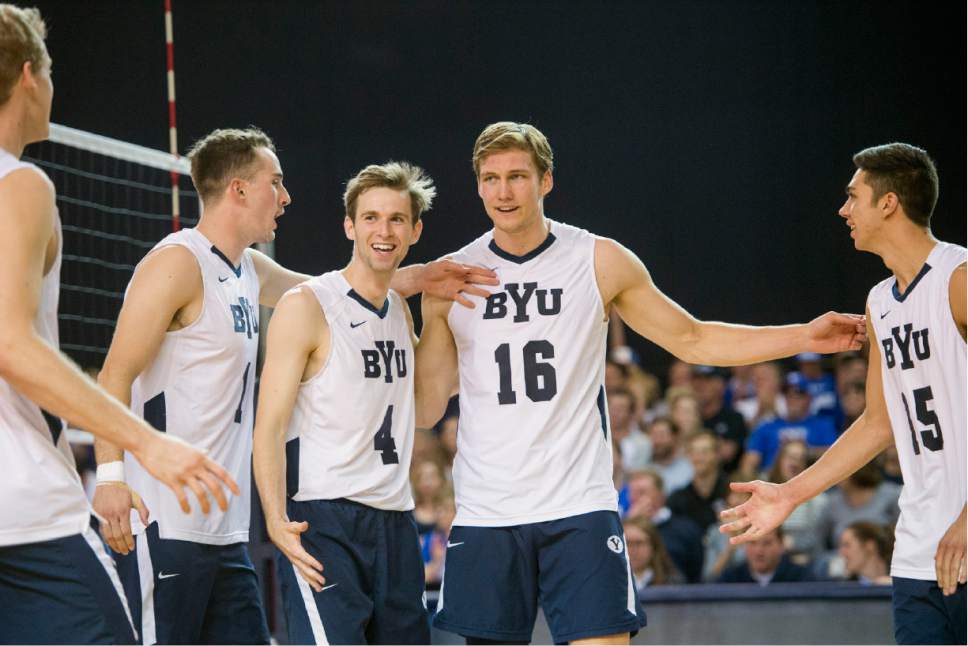 Rick Egan  |  The Salt Lake Tribune

BYU celebrates as the closed in on the final points in game three, in Volleyball action, BYU vs. Stanford, at the Smith Field House in Provo,  Saturday, April 15, 2017.