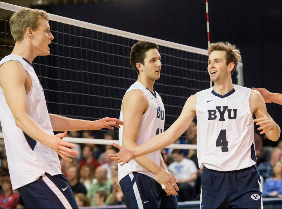 Rick Egan  |  The Salt Lake Tribune

Jake Langlois (10) and Leo Durkin (4) celebrate a big point for BYU, in Volleyball action, BYU vs. Stanford, at the Smith Field House in Provo,  Saturday, April 15, 2017.