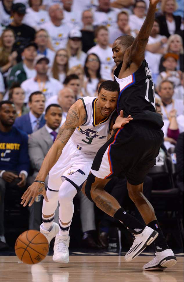 Steve Griffin  |  The Salt Lake Tribune


Utah Jazz guard George Hill (3) drives the baseline on LA Clippers guard Jamal Crawford (11) during the Jazz versus Clippers NBA playoff game at Viviint Smart Home arena in Salt Lake City Sunday April 23, 2017.