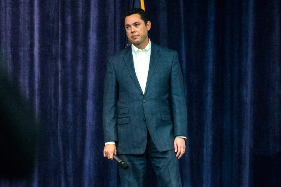 Chris Detrick  |  The Salt Lake Tribune
U.S. Rep. Jason Chaffetz, R-Utah, pauses after being interrupted during the town-hall meeting in Brighton High School Thursday February 9, 2017.