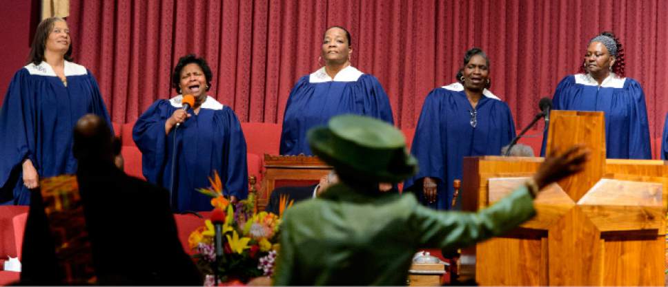 Steve Griffin  |  The Salt Lake Tribune


Choir members sing as The Rev. France A. Davis of Calvary Baptist Church celebrates his 43rd anniversary during a special Anniversary Service at the Salt Lake City church Sunday April 23, 2017. Davis arrived in Salt Lake City in 1974 and has had uninterrupted service as the pastor of Calvary Baptist Church since his appointment.  Calvary congregation serves more than 700 members.