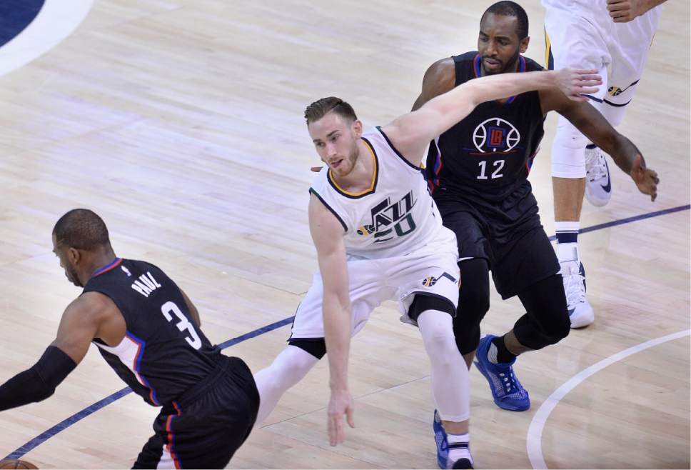 Scott Sommerdorf | The Salt Lake Tribune
Utah Jazz forward Gordon Hayward (20) sat out most of game 4 with an illness. The Utah Jazz beat the LA Clipper 105-98 to take Game 4 and tie up the Western Conference playoff series at 2-2, Sunday, April 23, 2017.