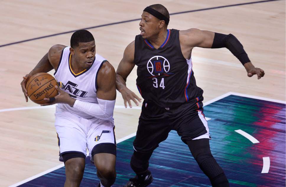 Scott Sommerdorf | The Salt Lake Tribune
Utah Jazz forward Joe Johnson (6) drives against LA Clippers forward Paul Pierce (34) during first quarter play. The Utah Jazz trailed the LA Clipper 26-24 at the end of the first period of Game 4 of the Western Conference playoffs, Sunday, April 23, 2017.