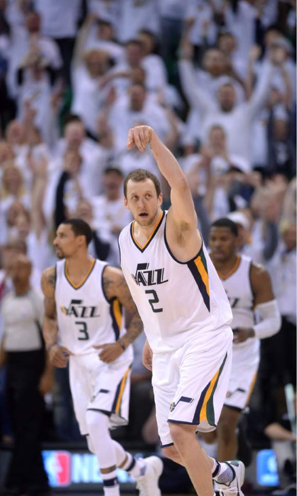 Steve Griffin  |  The Salt Lake Tribune


Utah Jazz forward Joe Ingles (2) holds his arm in the air after nailing a late three pointer during the Jazz versus Clippers NBA playoff game at Viviint Smart Home arena in Salt Lake City Sunday April 23, 2017.