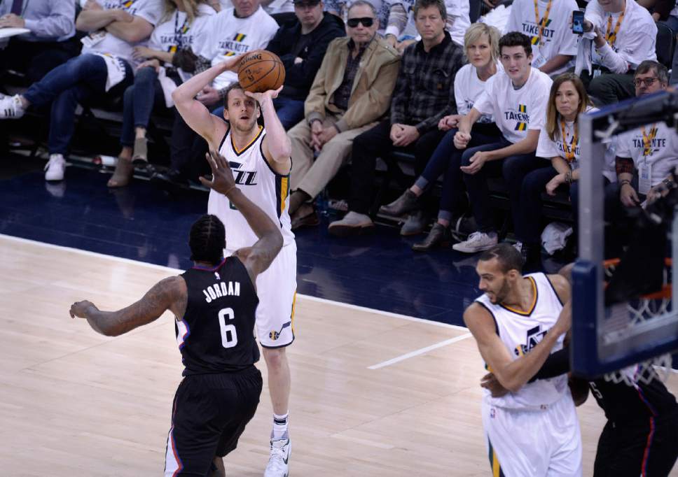 Scott Sommerdorf | The Salt Lake Tribune
Utah Jazz forward Joe Ingles (2) squares up for a 3-point attempt during first quarter play. The Utah Jazz trailed the LA Clipper 26-24 at the end of the first period of Game 4 of the Western Conference playoffs, Sunday, April 23, 2017.