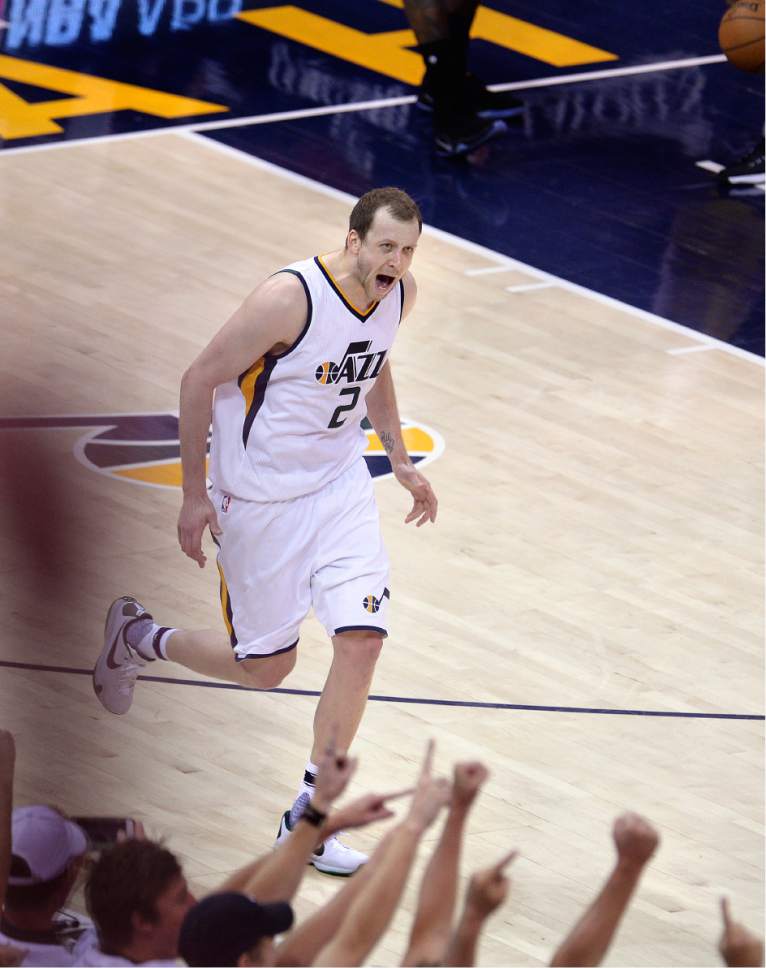 Scott Sommerdorf | The Salt Lake Tribune
Utah Jazz forward Joe Ingles (2) yells after hitting a huge 3-point shot to give the Jazz a 102-94 lead with :58 left in the game. The Utah Jazz beat the LA Clipper 105-98 to take Game 4 and tie up the Western Conference playoff series at 2-2, Sunday, April 23, 2017.