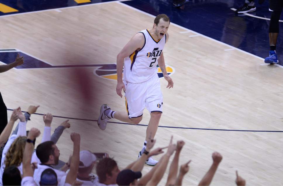 Scott Sommerdorf | The Salt Lake Tribune
Utah Jazz forward Joe Ingles (2) yells after hitting a huge 3-point shot to give the Jazz a 102-94 lead with :58 left in the game. The Utah Jazz beat the LA Clipper 105-98 to take Game 4 and tie up the Western Conference playoff series at 2-2, Sunday, April 23, 2017.