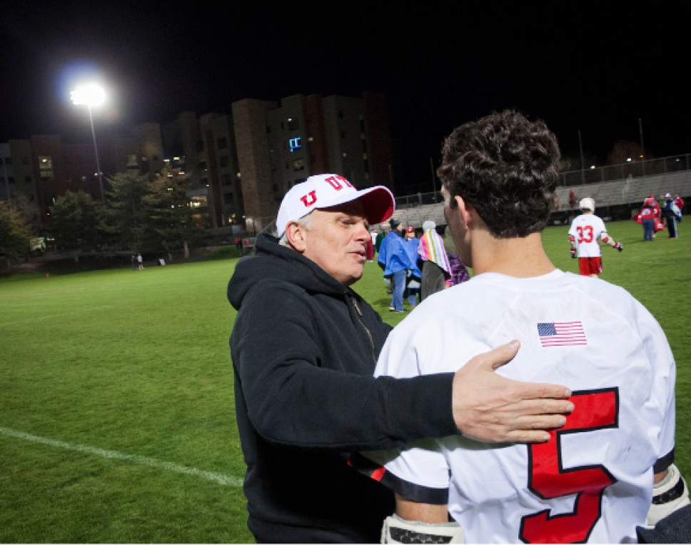 Michael Mangum  |  Special to the Tribune

Utah Utes men's lacrosse team donor David Neeleman hugs his son, freshman defender Seth Neeleman (5), following the team's loss to the Texas Longhorns at Ute Soccer Field in Salt Lake City on Thursday, April 13, 2017.