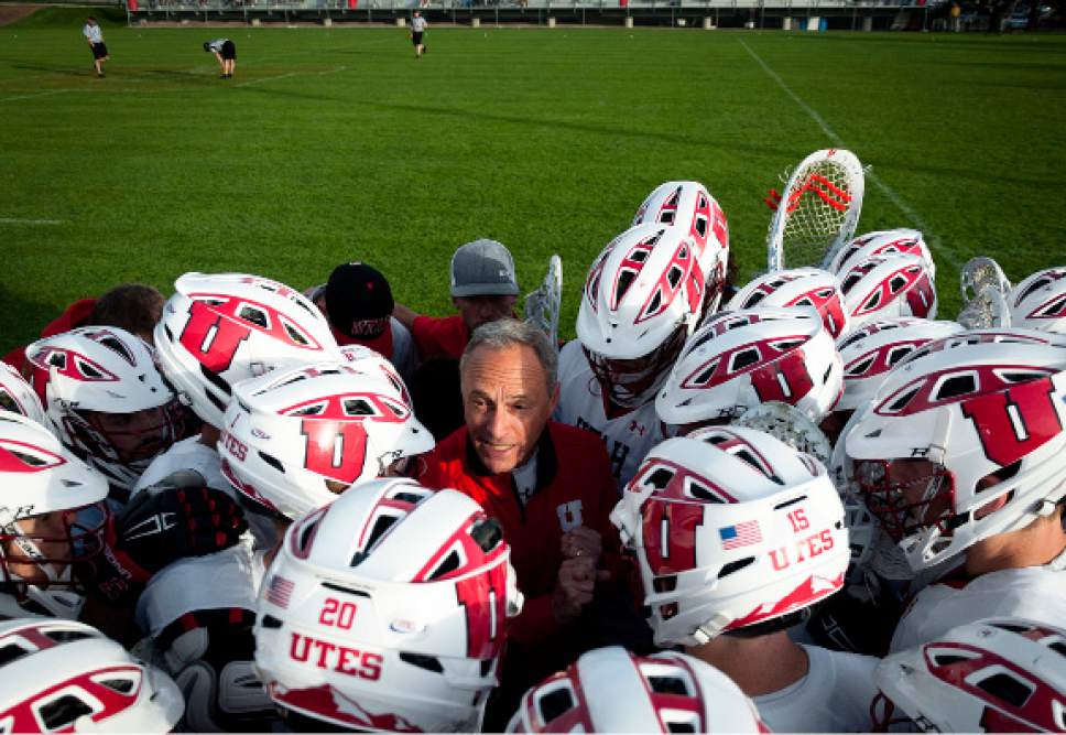 Michael Mangum  |  Special to the Tribune

Utah Utes men's lacrosse head coach Brian Holman leads his team in a huddle before the beginning of their game against the Texas Longhorns at Ute Soccer Field in Salt Lake City on Thursday, April 13, 2017.