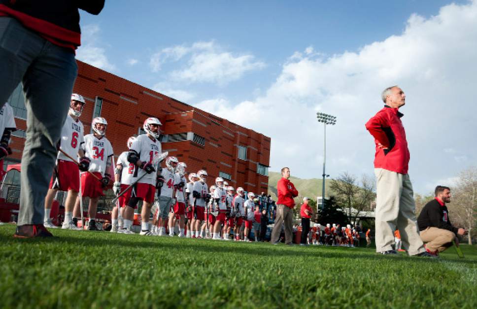 Michael Mangum  |  Special to the Tribune

Utah Utes men's lacrosse head coach Brian Holman, right, watches his team play against the Texas Longhorns at Ute Soccer Field in Salt Lake City on Thursday, April 13, 2017.