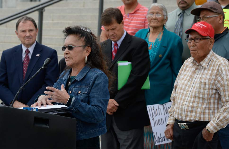 Francisco Kjolseth | The Salt Lake Tribune
Marie Holiday of the Oljato & Navajo Mountain Community joins Utah lawmakers on the steps of the Utah Capitol on Tuesday, May 17, 2016, as they stage a demonstration against a Bears Ears monument designation and presidents' "unilateral" use of the Antiquities Act to protect lands within Utah.