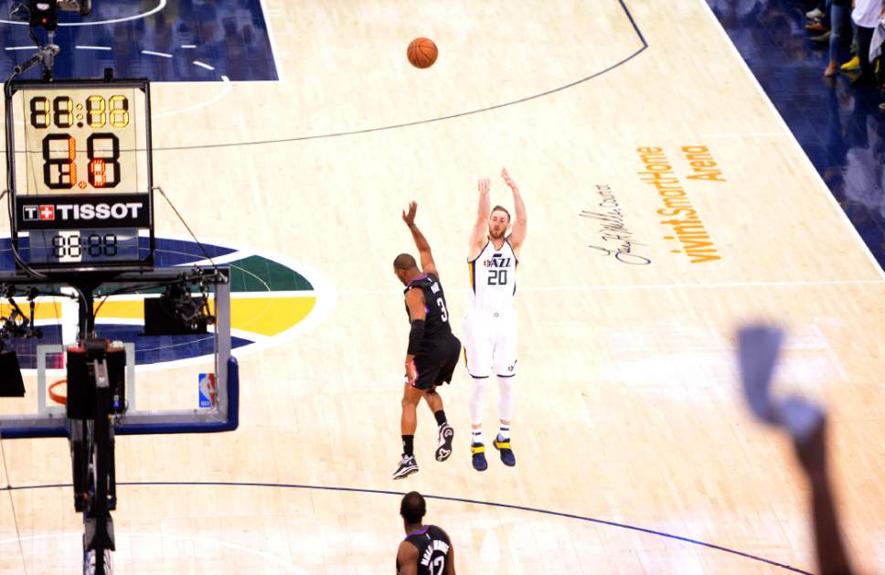 Steve Griffin  |  The Salt Lake Tribune


Utah Jazz forward Gordon Hayward (20) fires a three pointer over LA Clippers guard Chris Paul (3) during the Jazz versus Clippers NBA playoff game at Viviint Smart Home arena in Salt Lake City Sunday April 23, 2017.