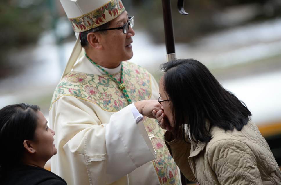 Francisco Kjolseth | The Salt Lake Tribune
The faithful kiss the hand of Bishop Oscar A. Solis following his installation ceremony as the 10th bishop of the Diocese of Salt Lake City at the Cathedral of the Madeleine on Tuesday, March 7, 2017.