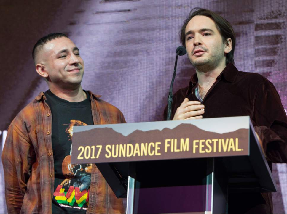 Rick Egan  |  The Salt Lake Tribune

Directors Antonio Santini and Dan Sickles accept the award for their film "Dina" which won the U.S. Grand Jury Prize for Documentary, at the 2017 Sundance Film Festival's Awards Ceremony, Saturday, January 28, 2017.