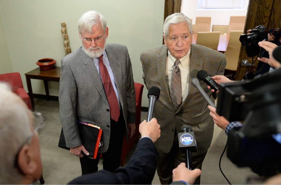 Francisco Kjolseth | The Salt Lake Tribune
University of Utah President David Pershing, left, and chairman of the board David Burton speak with the media following a board of trustees closed executive session meeting over the recent firing of Dr. Mary Beckerle, the CEO and director of the Huntsman Cancer Institute. A decision on her possible reinstatement is expected later in the day on Tuesday, April 25, 2017.