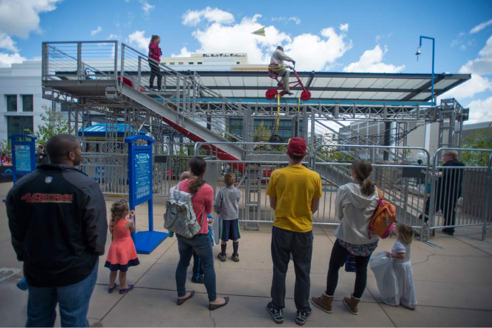 Rick Egan  |  The Salt Lake Tribune
The Discovery Gateway Children's Museum unveiled their new SkyCycle exhibit on Friday at The Gateway center across from the museum, and will be open annually April through October.