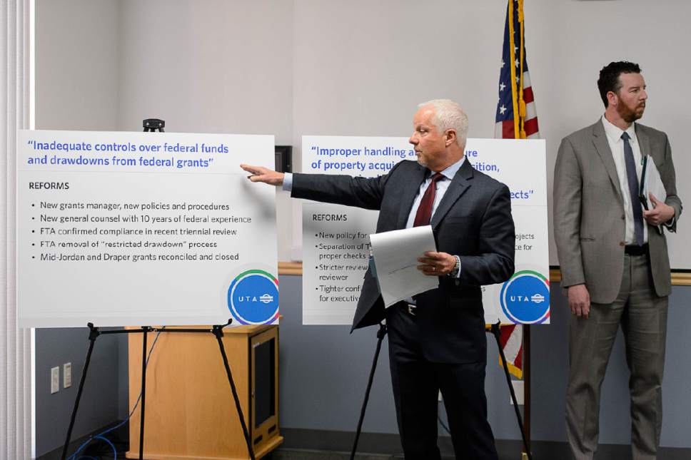 Trent Nelson  |  The Salt Lake Tribune
UTA CEO and President Jerry Benson speaks as Utah Transit Authority officials hold a news conference to discuss an ongoing federal investigation and reforms they have enacted, at UTA headquarters in Salt Lake City, Tuesday April 4, 2017. At right is UTA General Counsel Jayme Blakesley.
