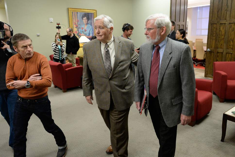 Francisco Kjolseth  |  The Salt Lake Tribune
University of Utah chairman of the board David Burton, center, and university president David Pershing leave following a board of trustees closed executive session meeting over the recent firing of Dr. Mary Beckerle, the CEO and director of the Huntsman Cancer Institute. A decision on her possible reinstatement is expected later in the day on Tuesday, April 25, 2017.