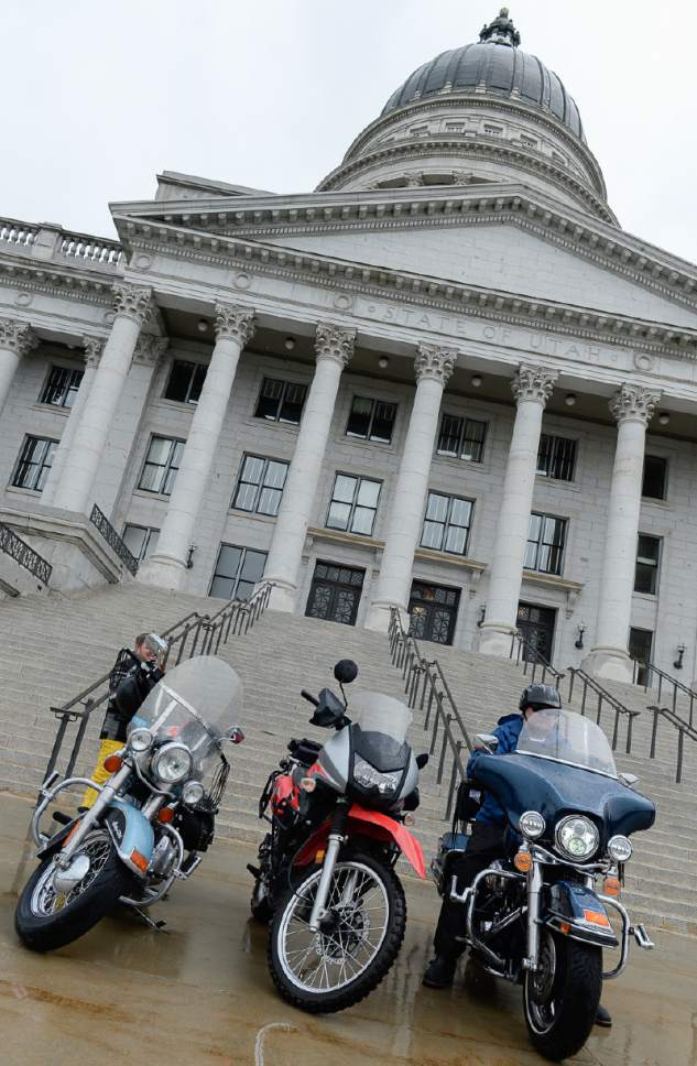 Francisco Kjolseth | The Salt Lake Tribune
Motorcycles line up at the Utah Capitol to represent the 41 motorcycle fatalities in 2016. Utah Department of Public Safety has been conducting motorcycle safety education campaigns in partnership with the Utah Department of Transportation through the Zero Fatalities Heads Up Utah program. The display of motorcycles coincides with the posting of unique billboards, featuring Utah motorcycle riders, that remind drivers to "look twice."