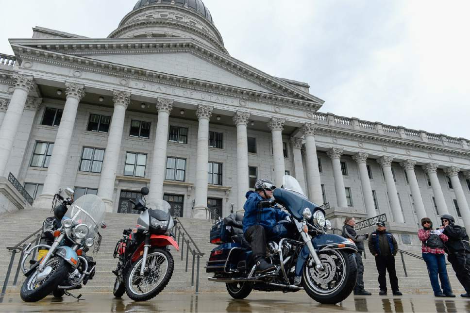 Francisco Kjolseth | The Salt Lake Tribune
Motorcycles line up at the Utah Capitol to represent the 41 motorcycle fatalities in 2016. Utah Department of Public Safety has been conducting motorcycle safety education campaigns in partnership with the Utah Department of Transportation.