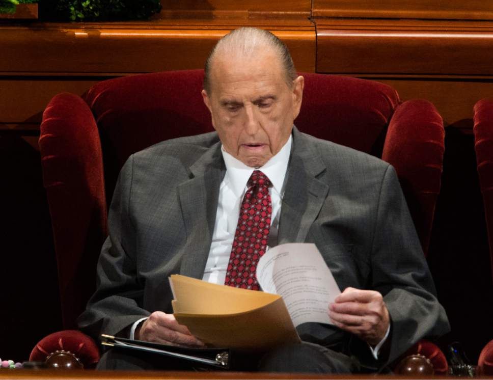 Rick Egan  |  The Salt Lake Tribune

President Thomas S. Monson looks over some notes during the opening hymn, during the 187th Annual General Conference at the Conference Center in Salt Lake City, Saturday, April 1, 2017.